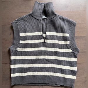 Zara Striped Knit Sleeveless Half-Zip Sweater Vest - Gray & Cream
